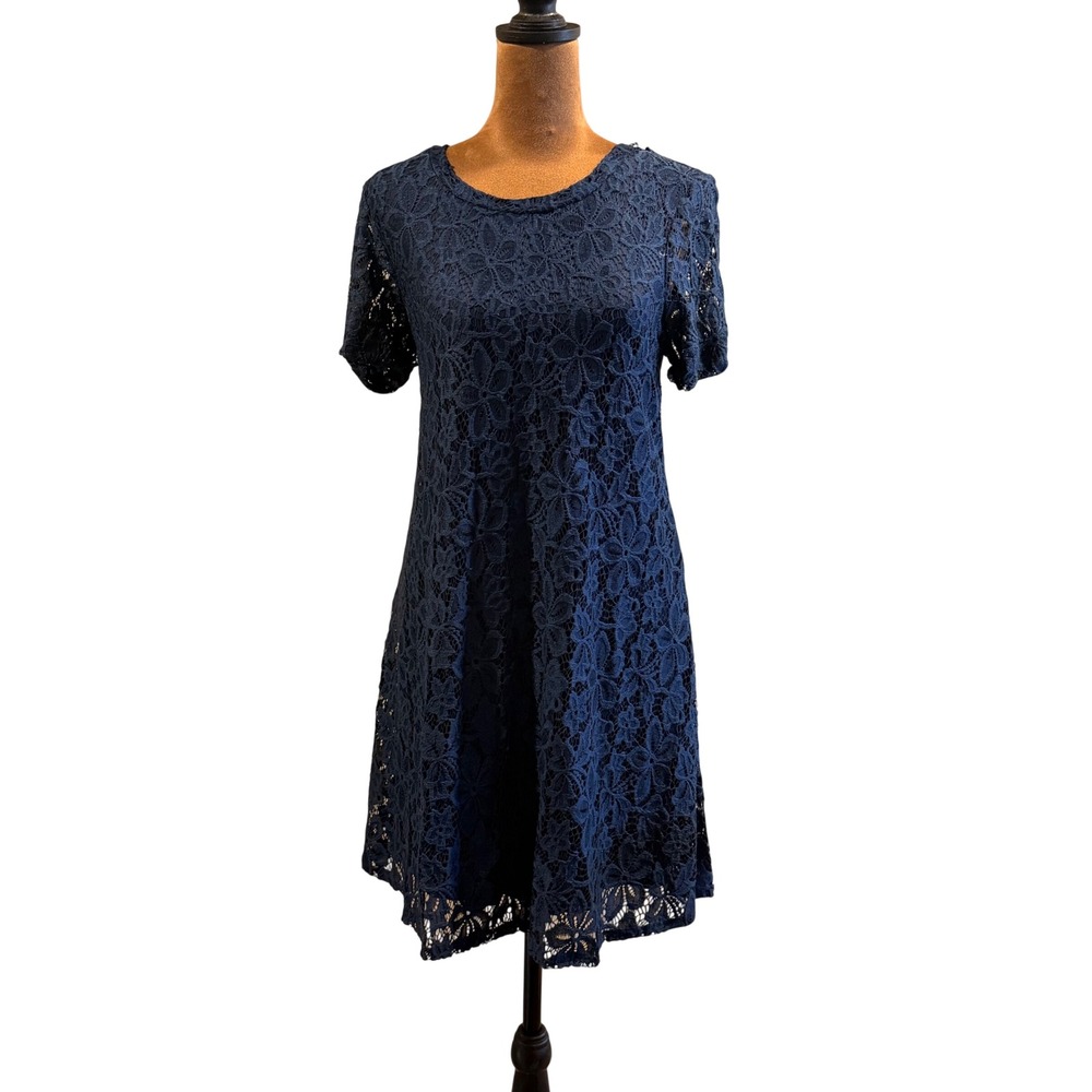 City Triangles Lace Shift Dress Women M Navy Blue Floral Short Sleeve Romantic